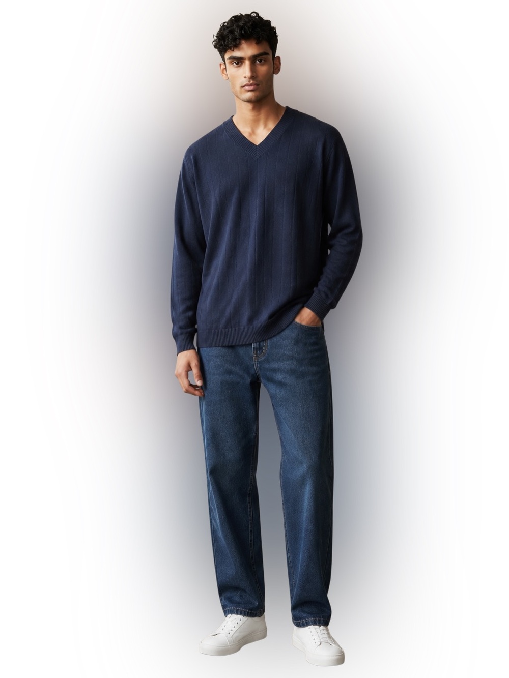 Open Edit Men’s NWT Navy V-Neck Fine Knit Sweater Size Large ECOVERO Soft Ribbed